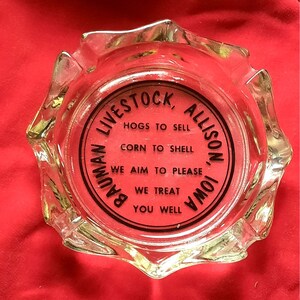 Vintage Ashtray Bauman Livestock Allison, Iowa Clear Farm Advertising Ashtray