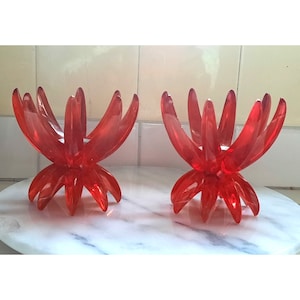 Vintage Friedel Ges Gesch 1960s Red Lucite Plastic Sputnik Candlestick Holders Pair Original