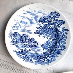 Vintage Enoch Wedgwood & Co Countryside Plate Dessert Bowl 3 Pc Set Blue Toile 1960s