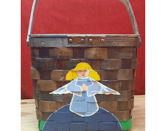 Vintage Caro Nan Picnic Basket Purse Hand Painted Globe Guardian Angel 1970s Folk Art Signed