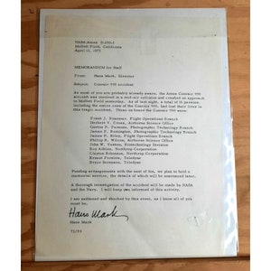 Vintage Letter NASA - Ames Moffett Field Dirigent Mark Hans Re Ames Corvair 990 Flugzeugabsturz 1973