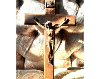 Vintage Wood Crucifix Bronze Jesus on Cross Thrashed 12"