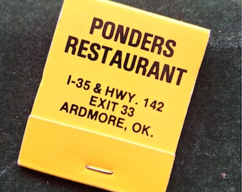 Vintage Matchbook Matches Ponders Restaurant Mexican Restaurant Ardmore Oklahoma 1980s