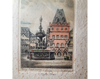Vintage 1940s German Framed Art Galerie Kaschenbach Radierung Acid Etching Frier Rutes Hous