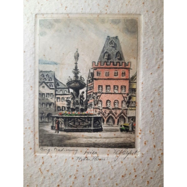 Vintage 1940s German Framed Art Galerie Kaschenbach Radierung Acid Etching Frier Rutes Hous