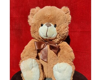 Oso de peluche vintage de manzana, peluche de 1001Toys, 25 cm, lazo de satén color bronce.