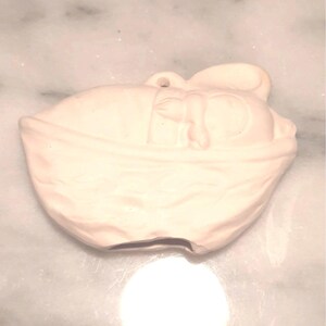 Vintage Ceramic White Bisque Christmas Ornament Mouse Sleeping in a Walnut Shell Ready To Paint Figurine Miniature 1970s
