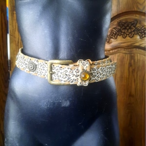 Vintage Express M Leather Belt 1980s Leopard Suede Whipstitched Patina Big Buckle Leather Jeweled Belt Ethnic