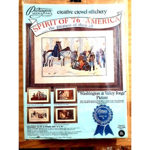 May include: A vintage Paragon needlecraft kit featuring a crewel embroidery design titled "Spirit of '76 - America." The kit includes a framed picture of Washington at Valley Forge, designed to fit a 12" x 18" frame. The kit also includes a blue ribbon.
