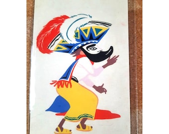 Vintage Mexican Greeting Card Danza de los Chinelos Block Printed Funny Letter Acapulco 1940s