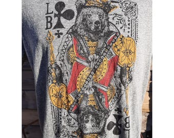 Lucky Brand Tshirt Original LB King Bear Poker Card Single Stitch Heather Grey