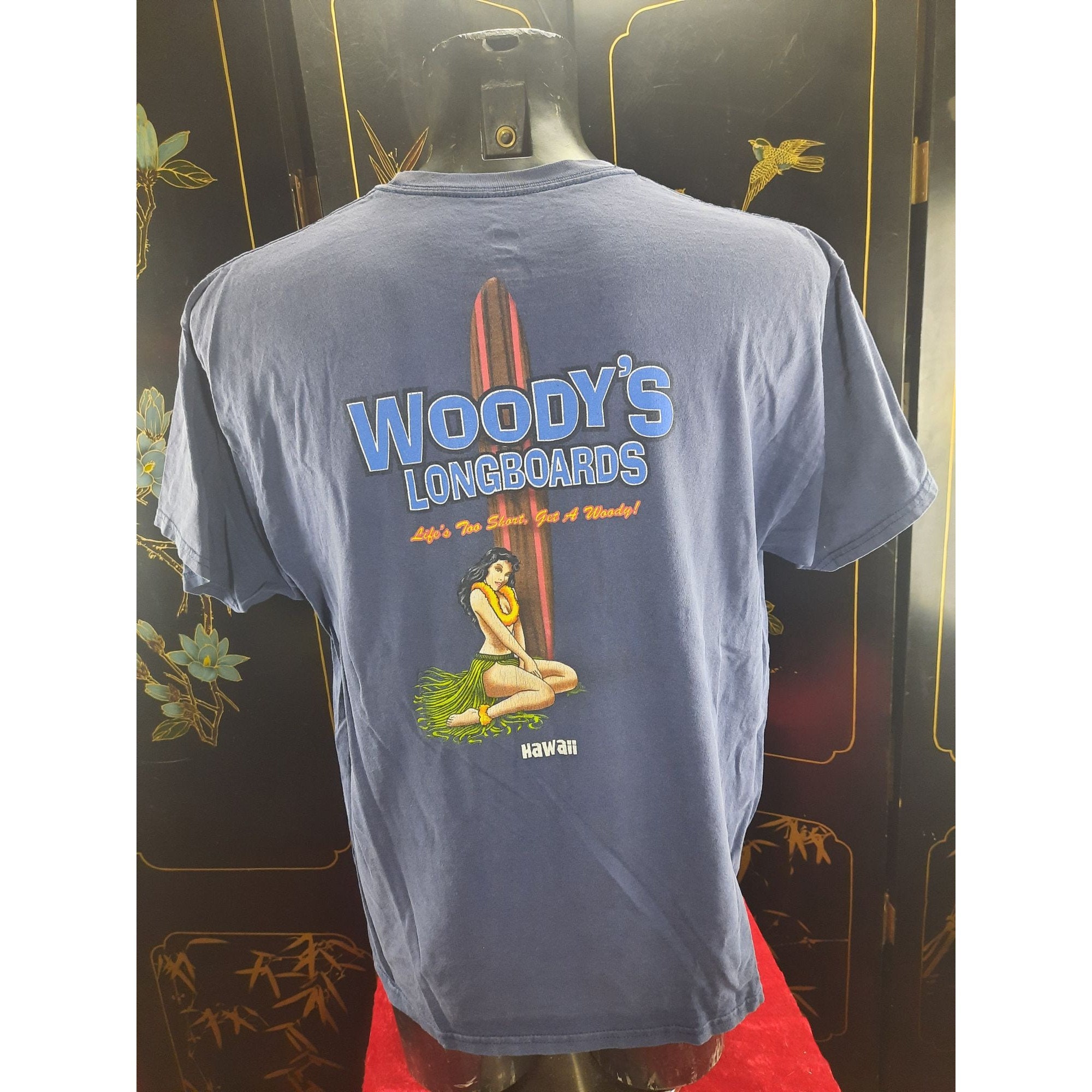 Vintage Woody's Longboards Hawaiian Mens Tshirt Surf Shop 1990s