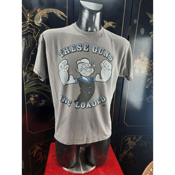 Vintage Popeye Mens L Tshirt These Guns Are Loaded Grey 2009