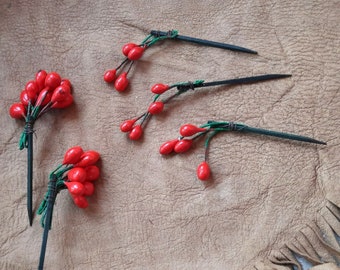 Vintage Asian Lacquered Red Berry Clusters Hand Wired Wrapped on Mini Stakes 7 Pcs 1950s Craft Supplies Deadstock