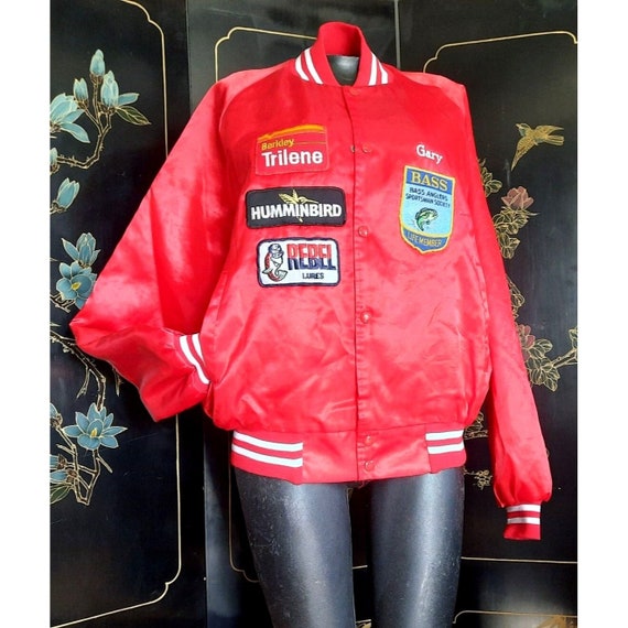 Vintage Unique gary Red Satin Bomber With Collectible Fishing