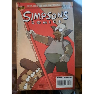 Könnte beinhalten: Das Cover des Simpsons-Comics zeigt einen roten Hintergrund mit den Worten "Freiheit, Heiterkeit, Freies Essen! Schließt euch Kaustonia an!" oben. Der Comic heißt "Simpsons Comics" und zeigt ein Cartoon-Bild von Krusty dem Clown, der eine rote Flagge mit Hammer und Sichel hält. Der Comic ist Ausgabe #28.