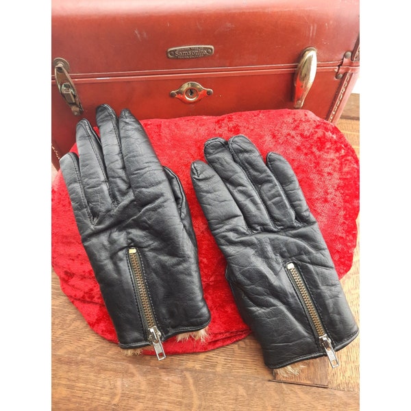 Vintage Gloves Black Leather Zippered Fur Moto Gloves 9"