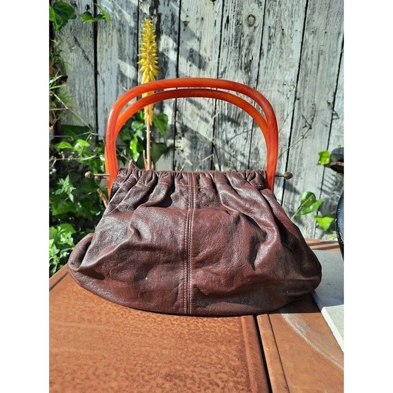 Vintage Ladies Purse Bakelite Handled Leather Knitting Bag 1940s