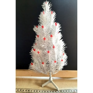 Vintage Thrifty&#39;s Drugstore Mini Plastic White Christmas Tree with Red Bulbs Vintage Christmas Decor 1960s NIB