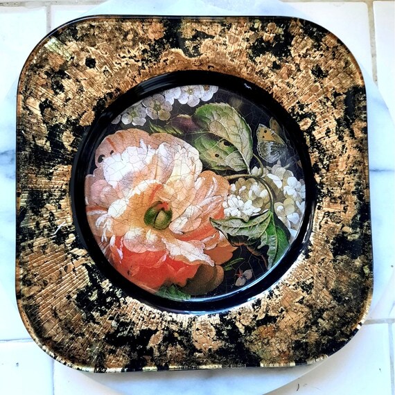 Lesley Roy レスリー ロイ プレート ２枚セット 70905 Vintage Lesley Roy Reverse Glass Art Hand Painted Lepidoptera
