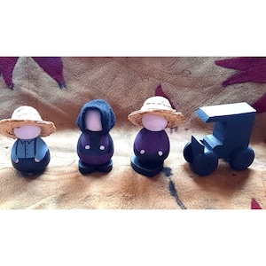 Vintage Holzpuppen handgefertigte Amish Figuren mit Buggy Spielzeug Set 1980er Jahre Volkskunst