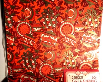 Vintage Orange Gold Ornaments Christmas Gift Wrap Tie Tie 2 Sheets of Gift Wrapping in Original Package 1960s