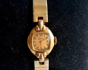 Orologio da donna vintage Gruen Guildite Veri-Thin degli anni '30 Fleur de Lis color oro, orologio invecchiato con carica