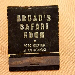 Vintage Matchbook Matches Broad&#39;s Safari Room Waterfall Bar Detroit 1970s Velvet