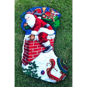 Vintage Cranston Handmade Quilted Wall Hanging Folk Art Santa Claus Down the Chimney Christmas XL Stocking 1980s
