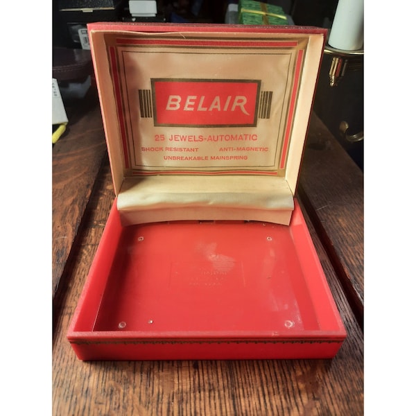 Vintage Belair Watch Case Large Red and Gold 25 Jewel Automatic Watch Box