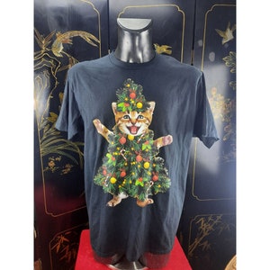 Mens XL Black Tshirt Christmas tree cat Catmas Tree New