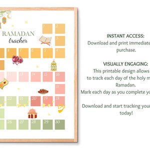 May include: A printable Ramadan tracker with a colorful calendar design. The calendar features illustrations of lanterns, pomegranates, and other Islamic symbols. The text "RAMADAN tracker" is at the top of the calendar.