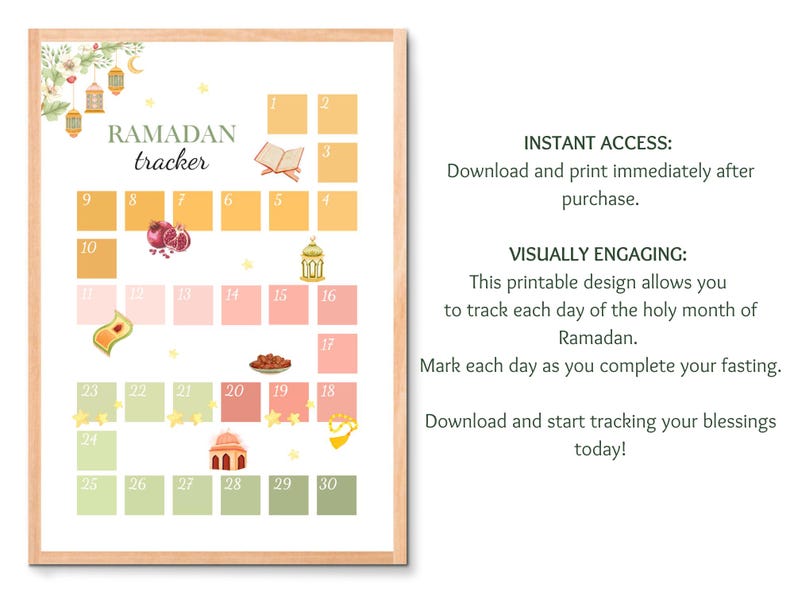 May include: A printable Ramadan tracker with a colorful calendar design. The calendar features illustrations of lanterns, pomegranates, and other Islamic symbols. The text "RAMADAN tracker" is at the top of the calendar.