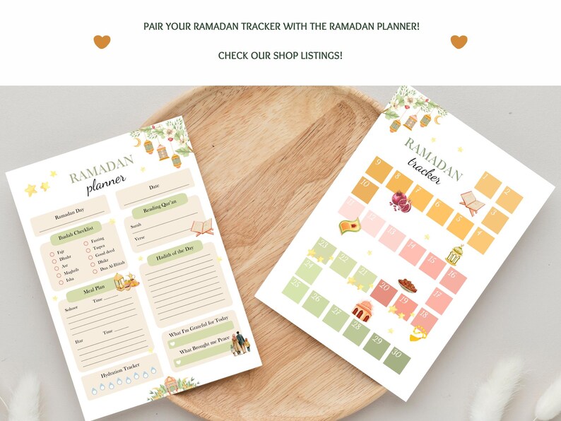 May include: Two printable Ramadan planner and tracker sheets with a light brown wood background. The planner sheet has a checklist for daily activities, a meal plan, and space to write about what you are grateful for and what brought you peace. The tracker sheet has 30 boxes with different Ramadan symbols, such as a mosque, a lantern, and dates.