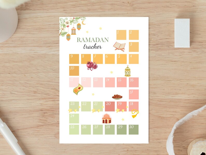 May include: A printable Ramadan tracker with a floral design and illustrations of lanterns, pomegranates, dates, and a mosque. The tracker has 30 boxes for each day of Ramadan.