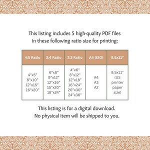 May include: A table showing different paper sizes and ratios for printing. The table includes 4:5 ratio, 3:4 ratio, 2:3 ratio, A4 (ISO), and 8.5x11 inches. The table lists different dimensions for each ratio and paper size. The text "This listing is for a digital download. No physical item will be shipped to you." is at the bottom of the table.