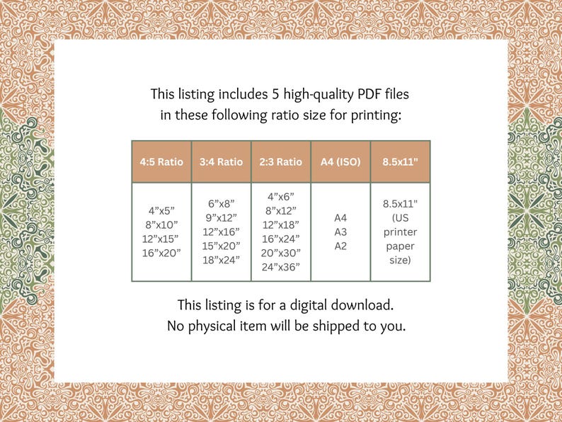 May include: A table showing different paper sizes and ratios for printing. The table includes 4:5 ratio, 3:4 ratio, 2:3 ratio, A4 (ISO), and 8.5x11 inches. The table lists different dimensions for each ratio and paper size. The text "This listing is for a digital download. No physical item will be shipped to you." is at the bottom of the table.