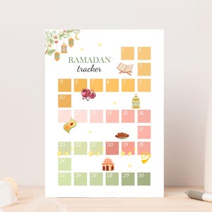 May include: A printable Ramadan tracker with a floral design and illustrations of lanterns, pomegranates, dates, and a mosque. The tracker has 30 boxes for each day of Ramadan.
