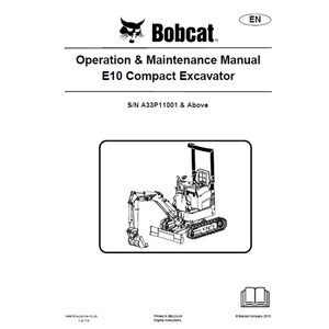Bobcat E10 Compact Excavator S/N A33P11001 & Above Operation and Maintenance Manual PDF