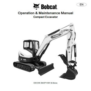Puede incluir: Una excavadora compacta Bobcat blanca y negra con un cucharón y una cuchilla negros. La imagen incluye el texto "Operation & Maintenance Manual" y "Compact Excavator". El modelo es E50 S/N B4GP11001 & Above.