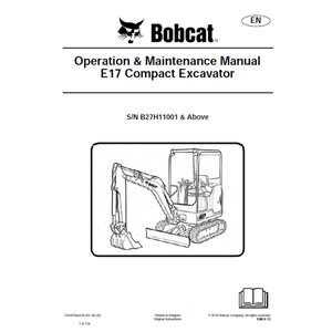 Bobcat E17 Compact Excavator S/N B27H11001 & Above Operation and Maintenance Manual PDF