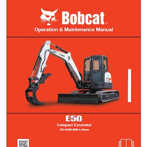 Puede incluir: Una portada de manual naranja con el logotipo de Bobcat y el texto "Operation & Maintenance Manual". Debajo, se muestra un modelo de excavadora compacta E50. La excavadora es negra, blanca y gris, con un cucharón negro.