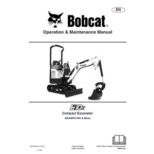 Bobcat E10z Compact Excavator S/N B4PD11001 & Above Operation and Maintenance Manual PDF