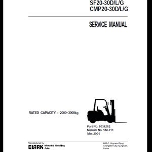Puede incluir: Un manual de servicio con el texto "SF20-30D/L/G CMP20-30D/L/G SERVICE MANUAL". El manual incluye una silueta de una carretilla elevadora e indica "CAPACIDAD NOMINAL: 2000-3000kg". El número de pieza del manual es 8034282.