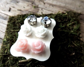 Stud Earring Set Post Earrings Hypoallergenic Resin Flower Set Rhinestones Rose White Pink Women Girls 3 Pairs Jewelry Bridesmaid