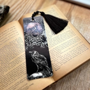 BOOKMARK: Raven & Full Moon Tassel Bookmark Celestial Double Sided Black Gothic  Witch Book Lover