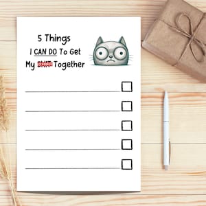 May include: A white rectangular checklist featuring the text 5 Things I CAN DO To Get My SHIT Together, accompanied by a cartoon cat illustration with wide eyes. The list includes five horizontal lines, each ending with a square checkbox.