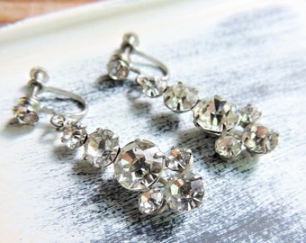 Vintage RHINESTONE DANGLE EARRINGS Costume Jewelry Clear Prong Set Scew Back Crystal Diamond Imitation Estate Mid Century Hollywood Regency