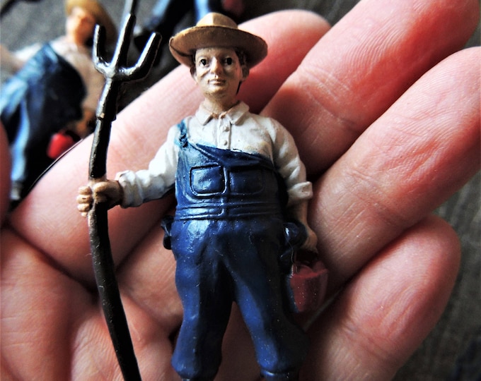 MINIATURE FARMER With Pitchfork Person Plastic Figures Figurines Fairy