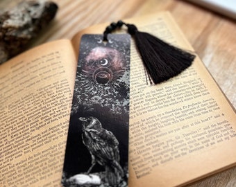 BOOKMARK: Raven & Full Moon Tassel Bookmark Celestial Double Sided Black Gothic  Witch Book Lover